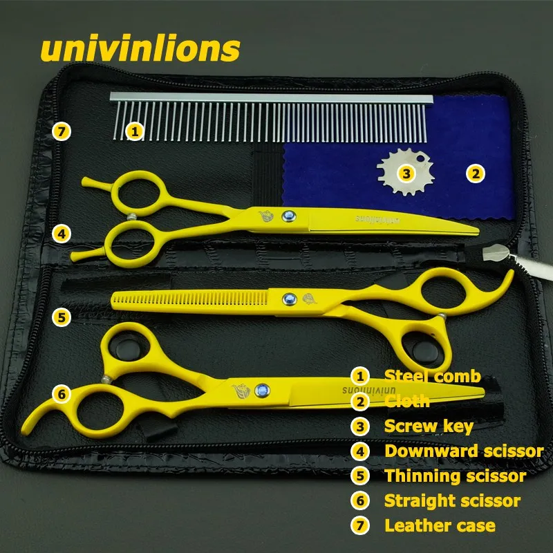 Univinlions " ножницы для домашних животных, ножницы для ухода за собакой, ножницы для стрижки лошадей, кошек, животных, ножницы для стрижки волос, набор для ручной стрижки - Цвет: Цвет: желтый