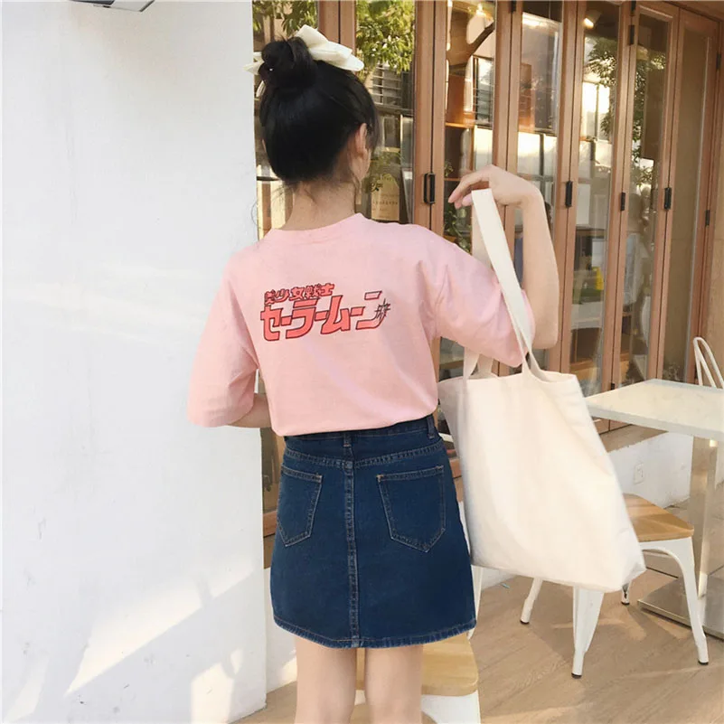Kawaii T Shirt Summer Women Tops 2018 Harajuku Sweet Print Sailor Moon Loose Short Sleeve Plus Size Tee Shirt Femme +-