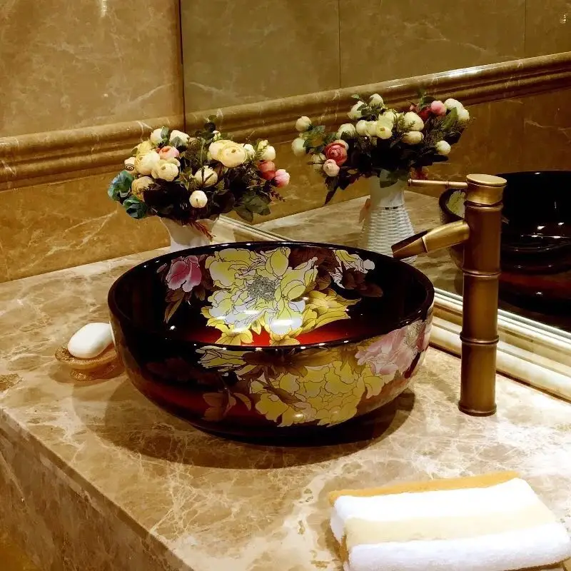 Ручная роспись большой цветок ванная комната искусство керамический фарфор Ручная стирка умывальник раковина