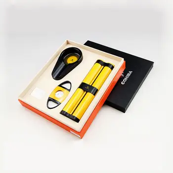 

COHIBA Hi-Q Yellow Cigar Holder 2 Tube Humidor Black Ashtray Cutter Set