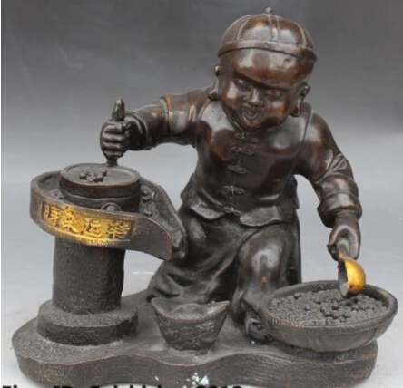 

JP S0163 China Bronze Gilt Carved FengShui Wealth Folk Wog Boy Kid Child Statue Figurine