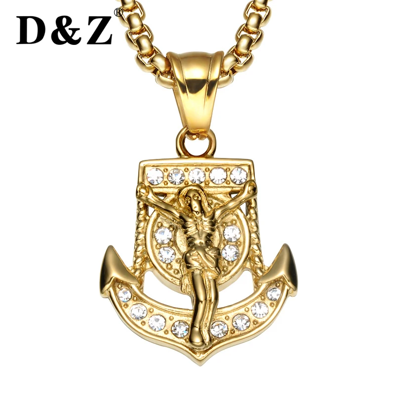D&Z Religious Jesus Cross Anchor Pendant Necklace Gold Chain Stainless