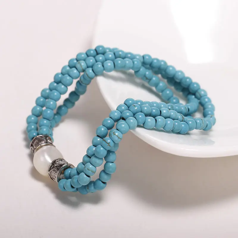 4 mm Turquoise with Baroque Pearls Bracelet, Vintage Style Elasticity Three Strand Bracelet