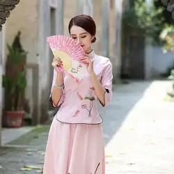 Летний китайский женский халат Топ Современный короткий рукав розовый Cheongsam Qipao Вышивка тонкий короткий китайский стиль для женщин