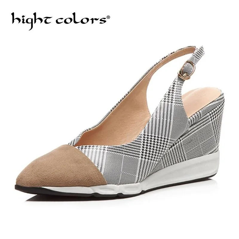 

New style genuine leather wedge sandals female British lattice spell color pointed high heels shoes women slingbacks pumps