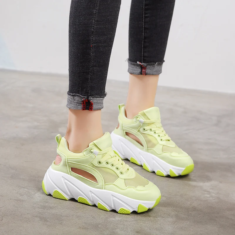 

Rimocy casual lady high platform sneakers cut out breathable mesh summer pure color walking shoes women flat with lace up shoes