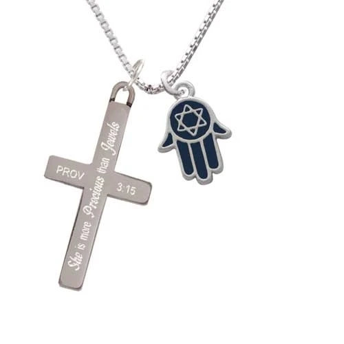Blue Hamsa Hand with Star of David - She is More Precious - Cross Necklace (1)