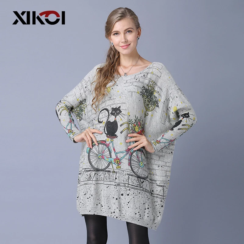 

XIKOI Autumn Fashion Women Long Loose Sweaters Full Sleeve Slash Neck Cat Print Knitted Sweater Ladies Casual Pullovers Sweaters
