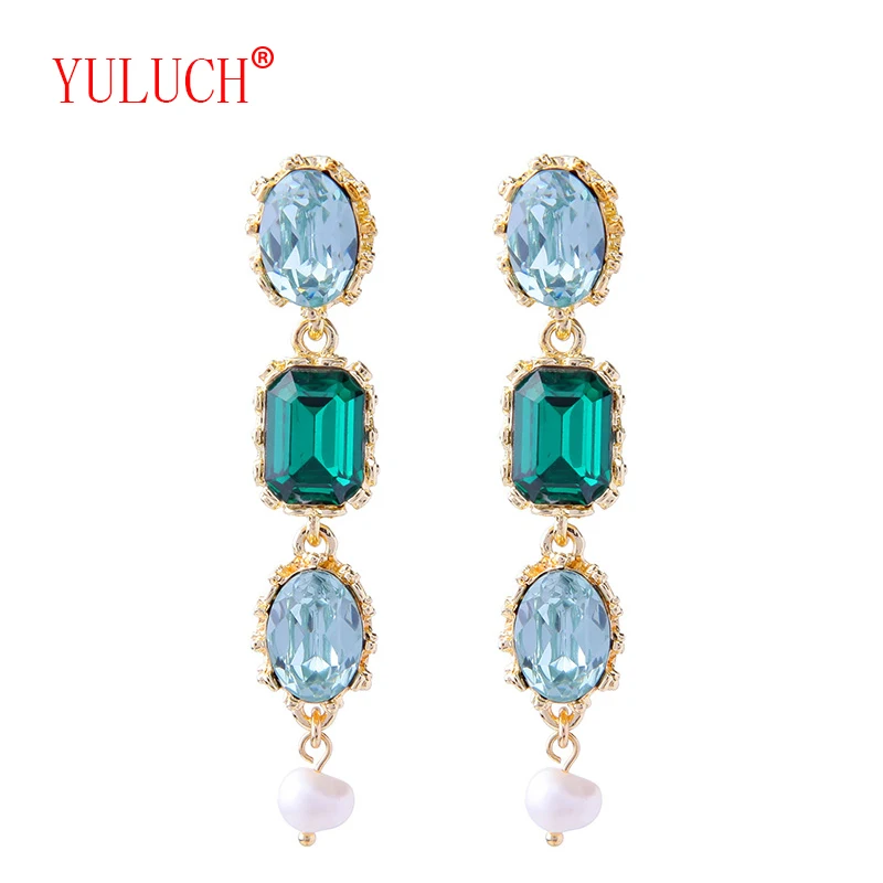 

YULUCH Dress Accessories Zinc Alloy Inlay Geometry Semi Precious Stone Stud Earrings Elegant Woman Long Pearl Pendant Party Gift
