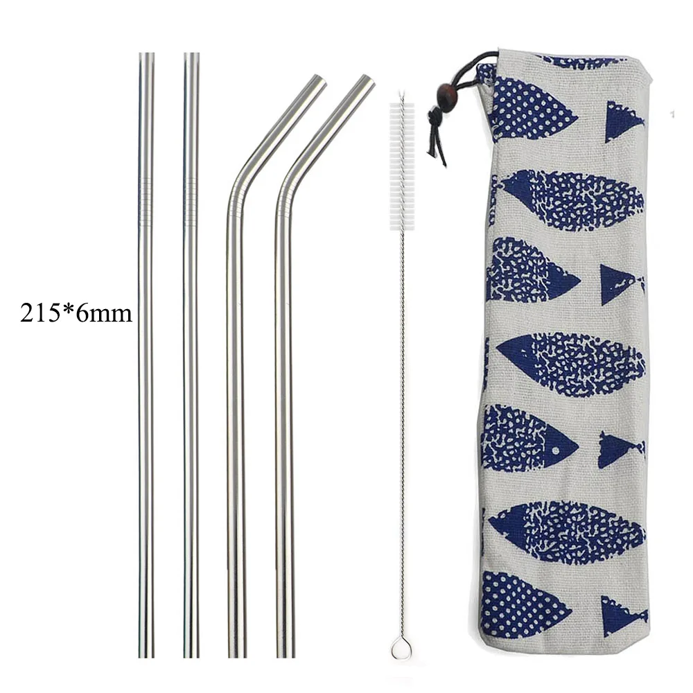 

6 Pieces Mix Color 304 Stainless Steel Straw Reusable Metal Drinking Straw With Pouch Bag Cleaner Brush For Home Party Barware