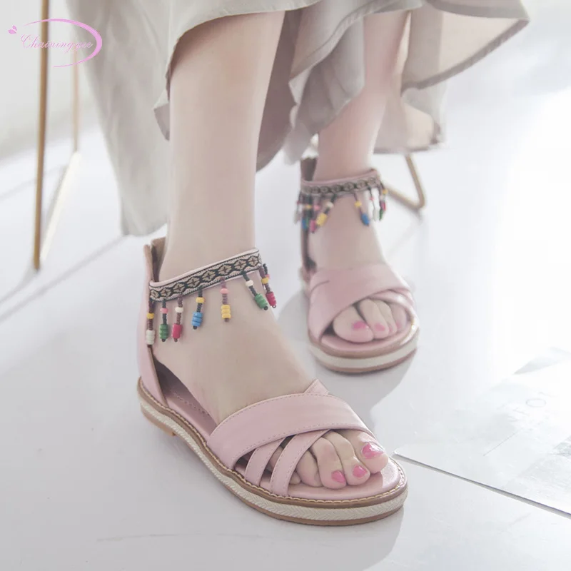

Bohemia style comfortable summer sandals fashion color matching beaded zipper platform white blue pink flat with women's shoes