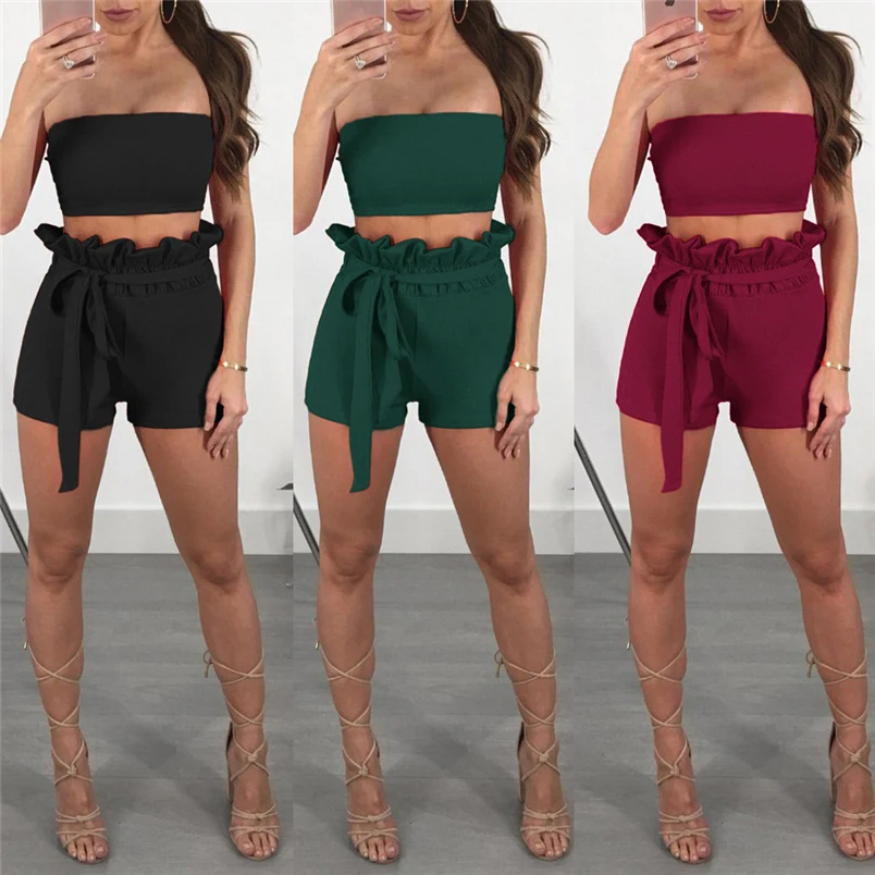 Sexy Women Summer New Brand Sets Solid Off The Shoulder Sleeveless Beach Hot Sale Vest Blouse + Shorts Two-Piece Outfit #J25 (6)