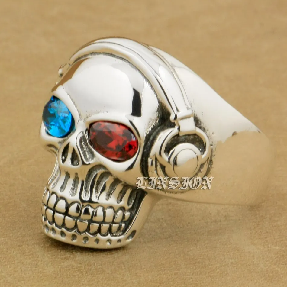 

US Size 8~15 Red + Blue CZ Eyes 925 Sterling Silver DJ Skull Studio Music Headphone Mens Boys Biker Rock Punk Ring 8Y711
