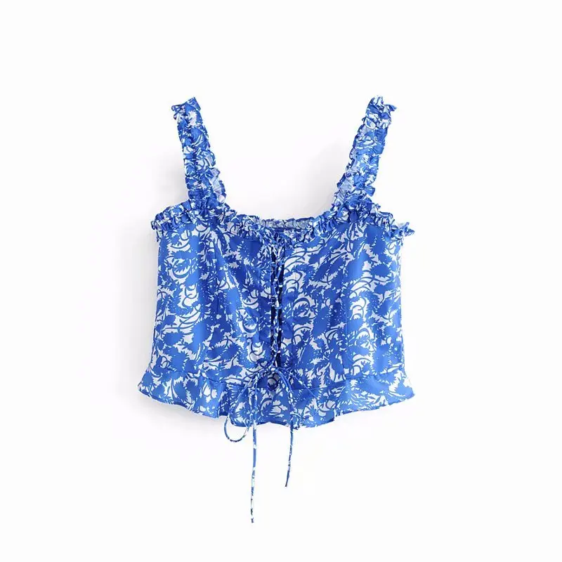 

2019 women sweet agaric lace flower print casual sling blouse shirts women lace up chic chemise ruffles blue blusas tops LS3740