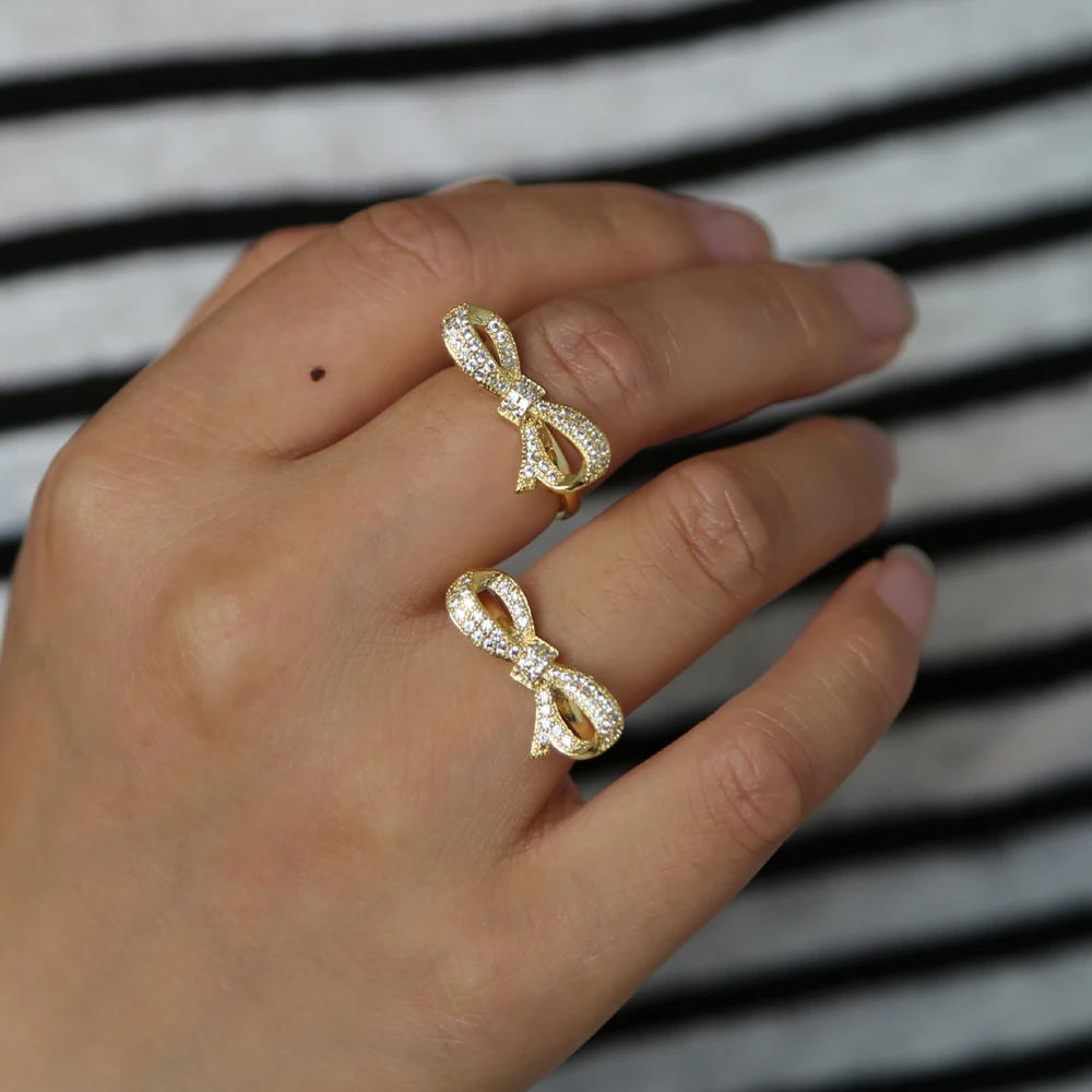 Cute Gold color Bowknot Cubic Zirconia Ring Adorable Bridesmaid Gift