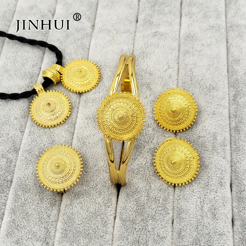 Jin Hui New Ethiopian jewelry sets Pendant Necklace Earring Ring Gold gifts for women African Eritrea jewelry wedding gifts