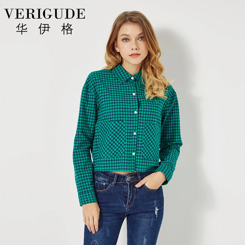 Veri Gude Women Mini Plaid Blouse with Pockets Long Sleeve