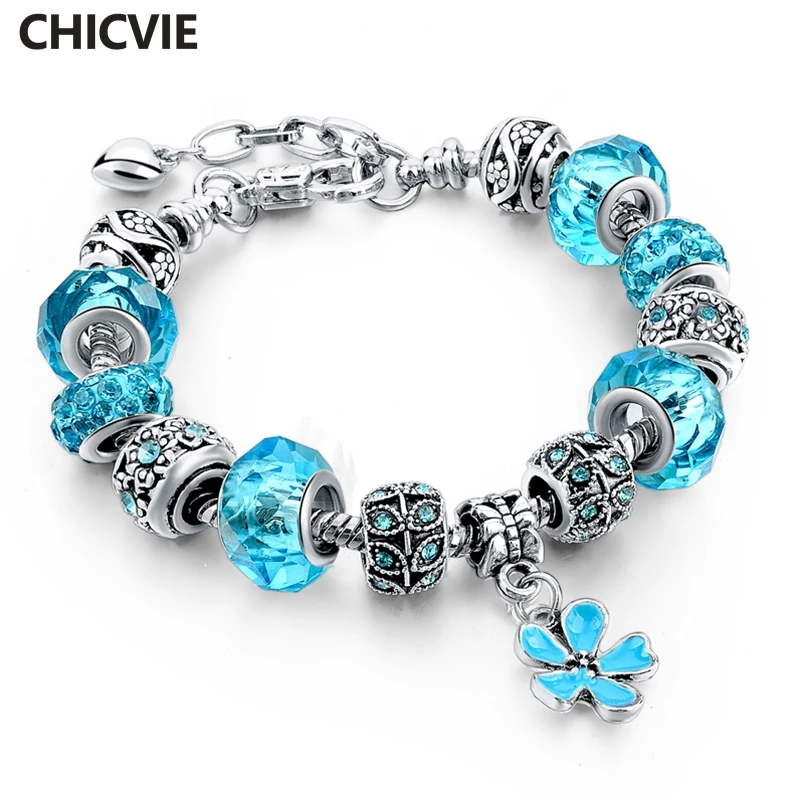 

CHICVIE Crystal Blue Flower Charm Bracelet Bangle For Women Girls Bridal Wedding Silver Jewelry Adjustable Bracelets SBR160037