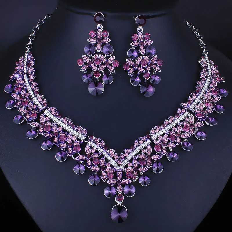 FARLENA, свадебные ювелирные изделия, ручная роспись, в форме капли воды, ожерелье, набор с кристаллами, стразы, модные свадебные ювелирные наборы - Окраска металла: purple
