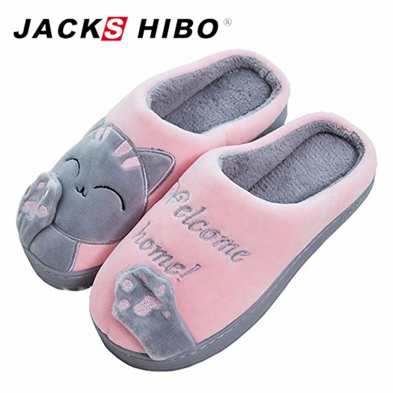 

JACKSHIBO Winter Home Slippers Women Cute Cat Pattern Slippers with Plush Flat Heel Slipper Warmer Female House Shoes Chaussure