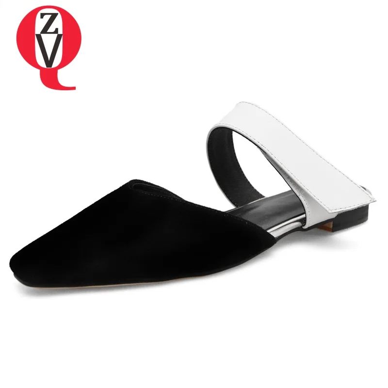 

ZVQ women slippers new fashion mixed colors kid suede flat with square toe shallow fashion white and red lady mules shoes