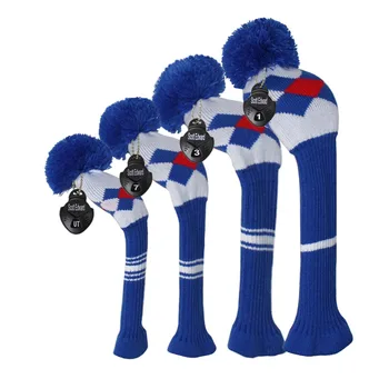

Knitted Golf Head cover Lattice style, Set of 4 for Driver Wood, Fairway, Hybrid, Rotating Number Tags，Pom Pom Sock Covers