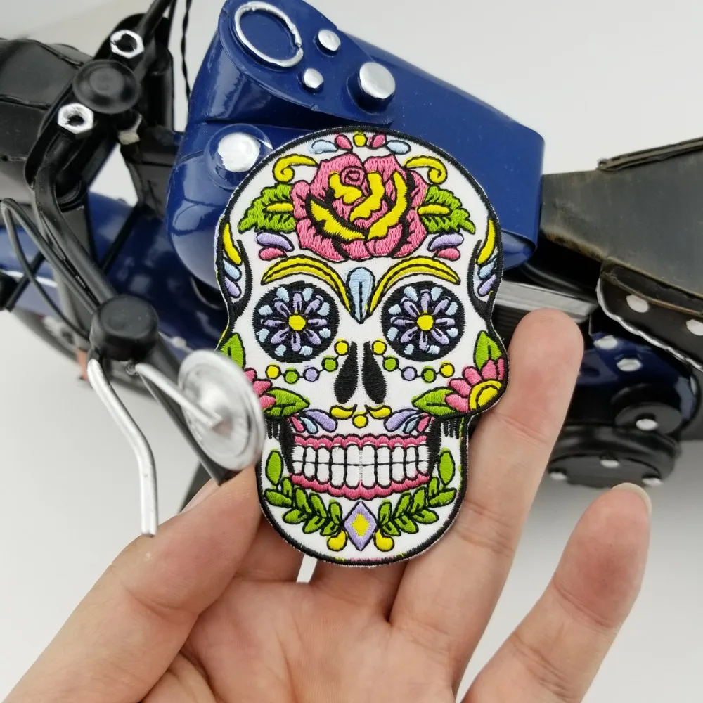 Sugar Skull Calavera Biker Embroidered Iron On Back of Jacket Patch Black twill fabric Free Shipping Eco-Friendly for clothes(4)