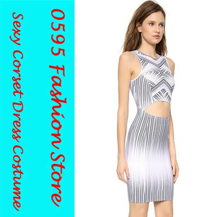 Woman White Sleeveless O-Neck Sexy Cutout Maze Striped Print Dress HL22045 | Женская одежда
