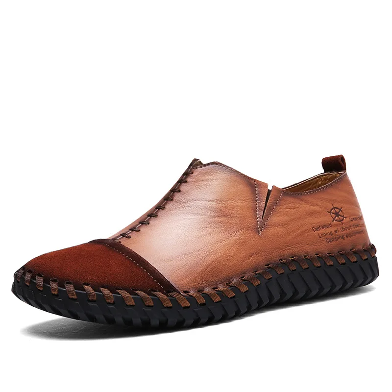 Мужская обувь ручной работы из натуральной кожи мужские Лоферы удобные Осенняя повседневная обувь для Мужские туфли для вождения на плоской подошве; мокасины; женская обувь на плоской подошве - Цвет: Brown
