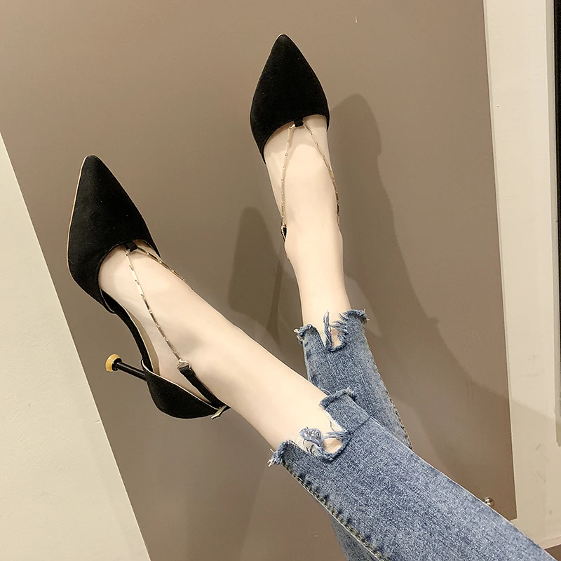2019 г. хит продаж, классическая женская обувь Туфли-лодочки с острым носком замшевые кожаные модельные туфли с цепочкой свадебные туфли на