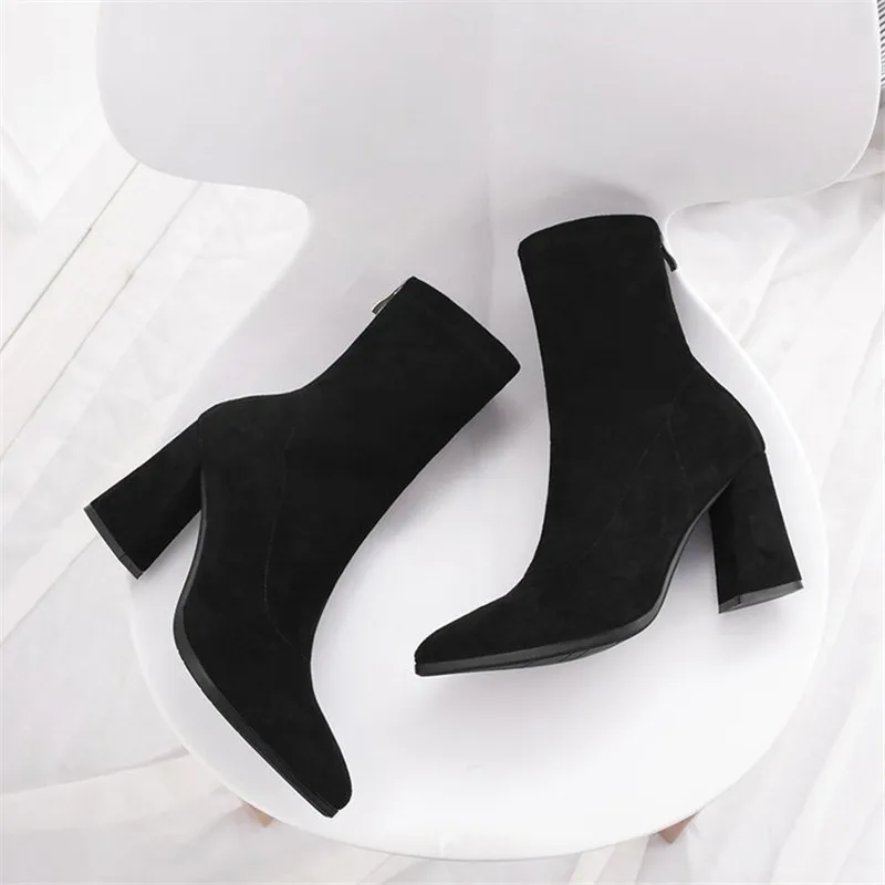 

2018 Woman Shoes Sexy Zip Up Square Black High Heels Party Women Boots Winter Top Quality