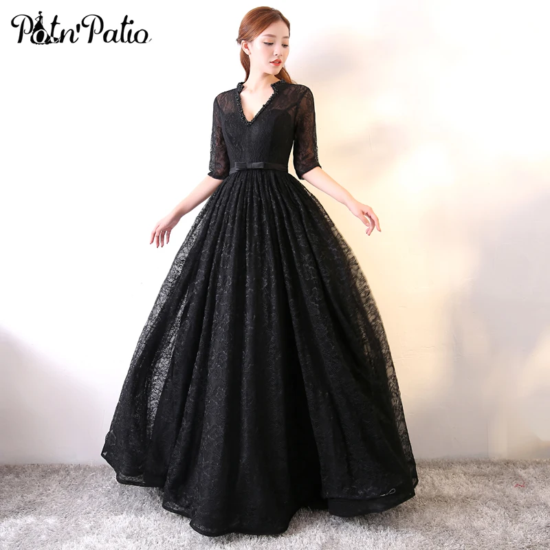 PotN'Patio Vintage Black Prom Dresses Long V neck With ...