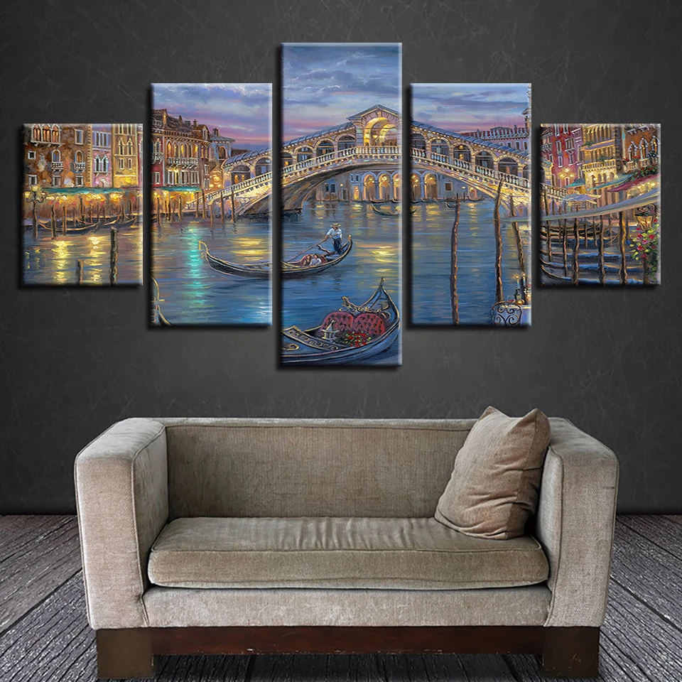 

Wall For Living Room Nordic Decoration New Art Canvas 5 Panel Lake Bridge Building Painting Cuadros Modular Picture Poster