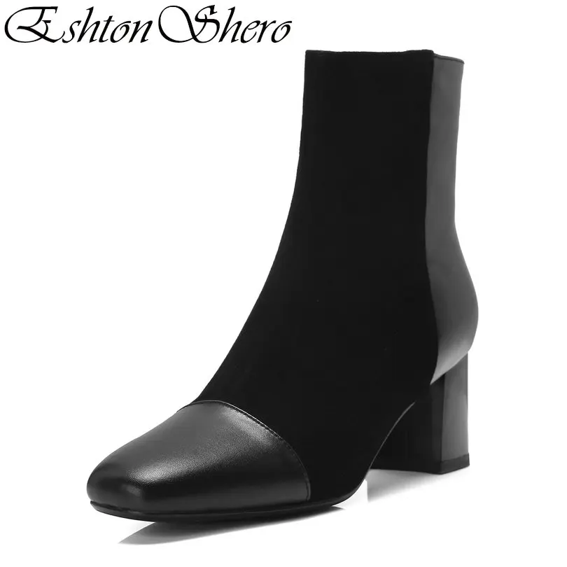 

EshtonShero Women Ankle Boots Shoes Woman Square High Heels Leather+PU Winter Platform Apricot Ladies Motorcycle Boot Size 34-39