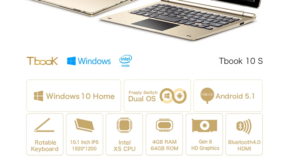 Teclast Tbook10s 10,1 дюймов ips 1920x1200 Windows 10+ Android 5,1 планшетный ПК Intel Atom X5 Четырехъядерный 4 ГБ/64 Гб BT HDMI