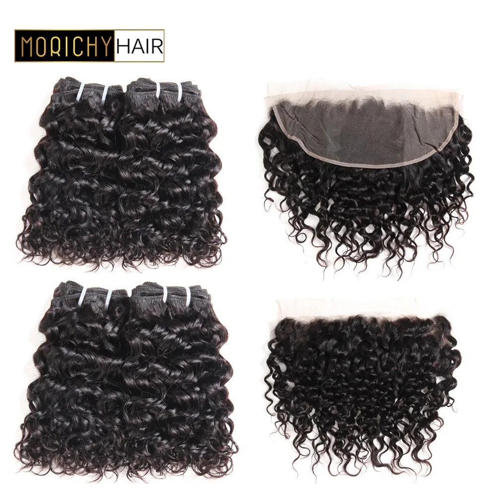 MORICHY Bundles with Frontal Brazilian Water Wave with 13x4Lace Front Inculcded Non-Remy Human hair Bundle 50g 8in Natural Color