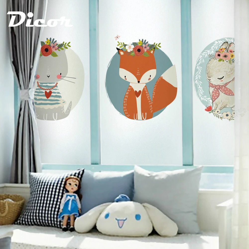 

2019 New Glass Decorative Films Cartoon Lovely Kitten Fox Bunny Safe PVC For Kid Room Happy Childhood Kindergarten Glass Sticker