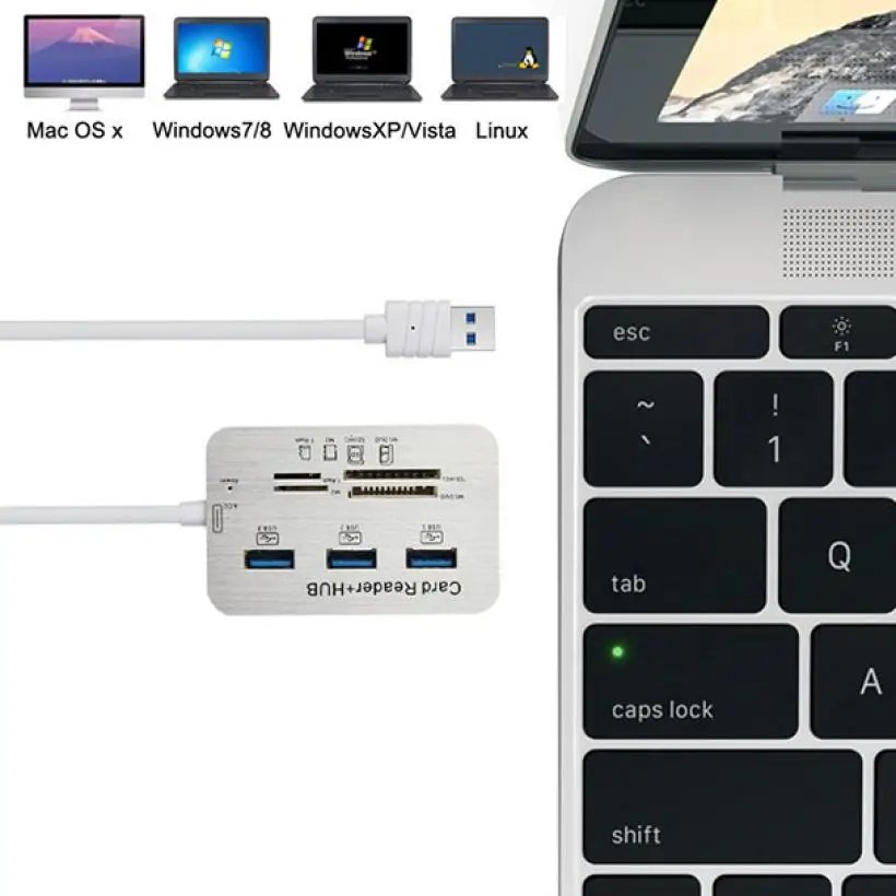 3 Port USB 3.0 Hub With MS SD M2 TF Multi-In-1 Aluminum Card Reader Portable