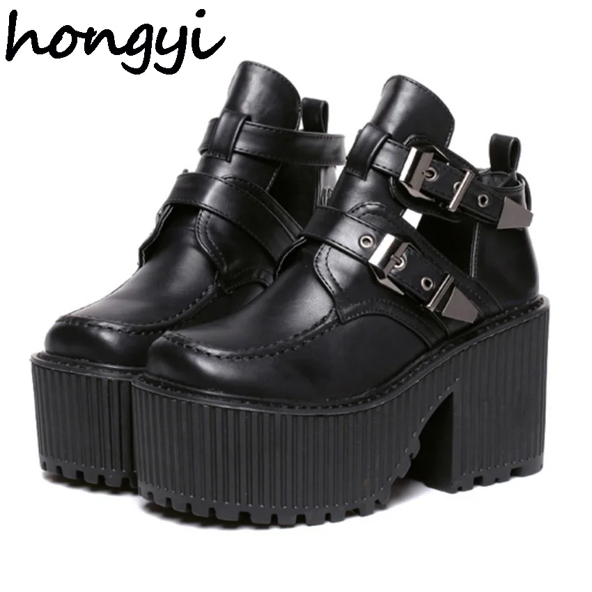

hongyi women block high heel platform wedge heel shoes harajuku gothic cut out ankle boots Botas Femininas creepers biker shoes