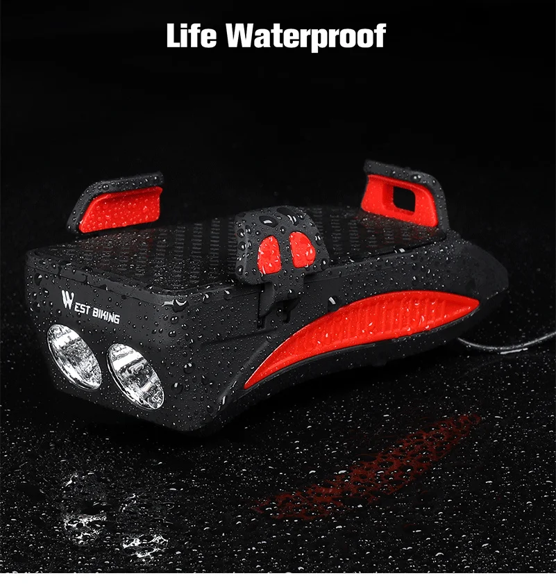 Sale WEST BIKING Multifunction 4 IN 1 Bike Light  400 Lumens Bike Flashlight Bike Horn Phone Holder Power Bank Bicycle Front Light 9