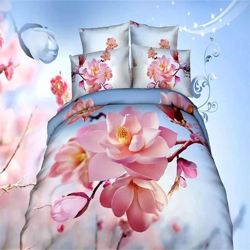 

Pink Flower Magnolia Blossom Blue Bedding Set Queen King 3D Floral Print Duvet Cover Bed Sheet Pillowcase Cotton Home Textiles