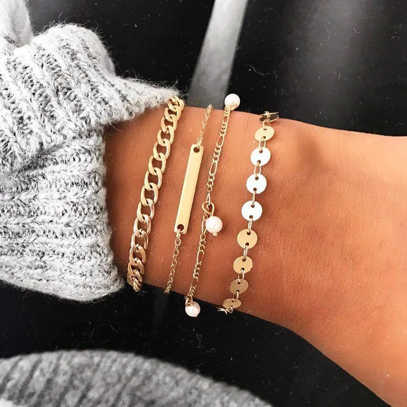 

4 Pcs/Set Gold Link Chain Round Paillette Charm Bracelet Bangles for Women Love Heart Hollow Map Bracelets Set Women Accessories