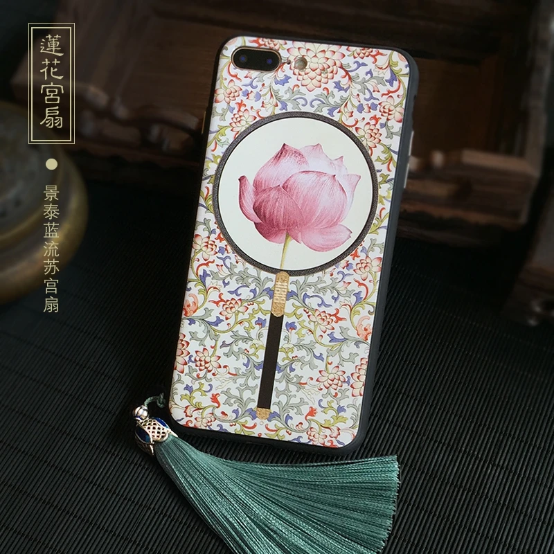 For iPhone X case Traditional Chinese Palace style For iPhone 7 8 6 6s plus lotus flowers fan hard back cover + phone charm