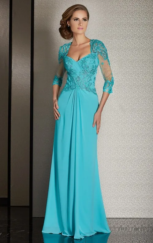 

Fashionable Lace Beads Wedding Party Dress Formal Turquoise Evening Gowns 3/4 Sleeves 2017 Chiffon Mother of Bride Dress