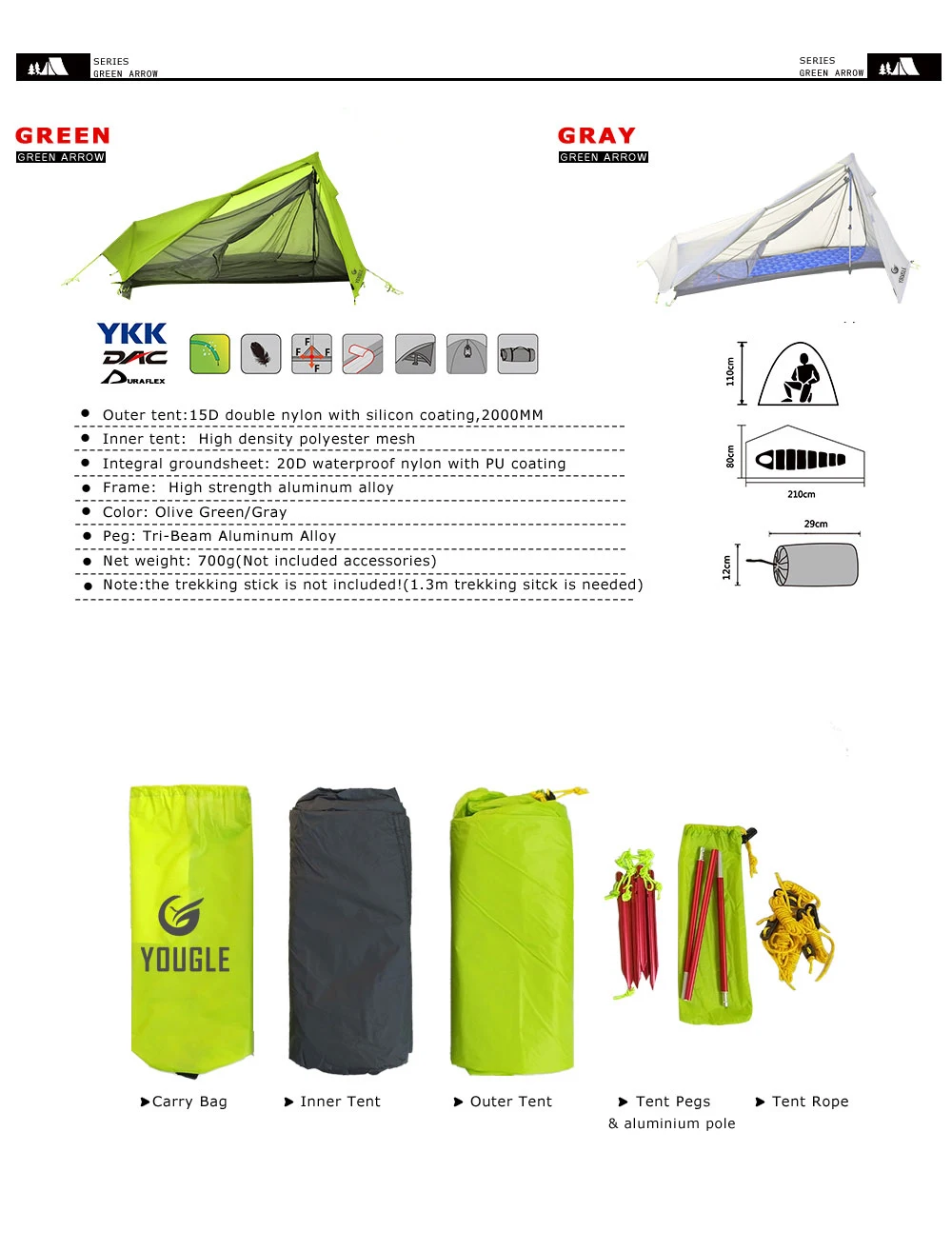 YOUGLE Lightweight 15D Nylon Single Person One Man Backpacking Tent Trekking Camping Canopy Travel 3 Season Silicone Coated