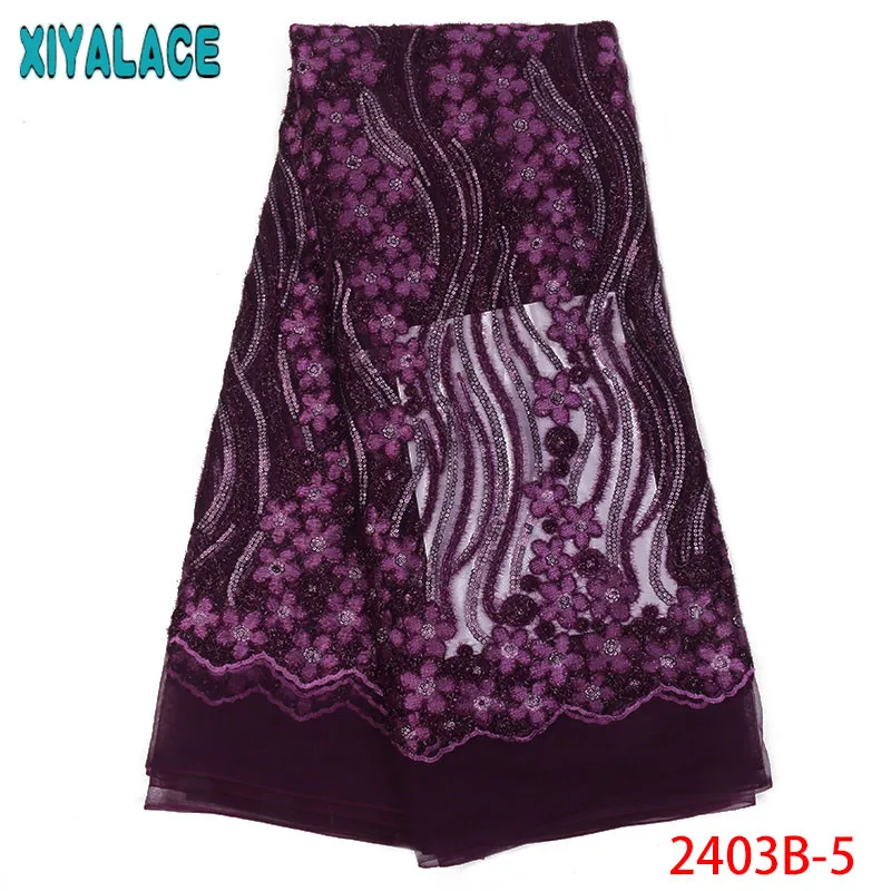

Beautiful African Net Lace Fabrics Purple Tulle Lace Fabrics With Sequins 2019 High Qaulity Women Dresses Material QF2403B-5