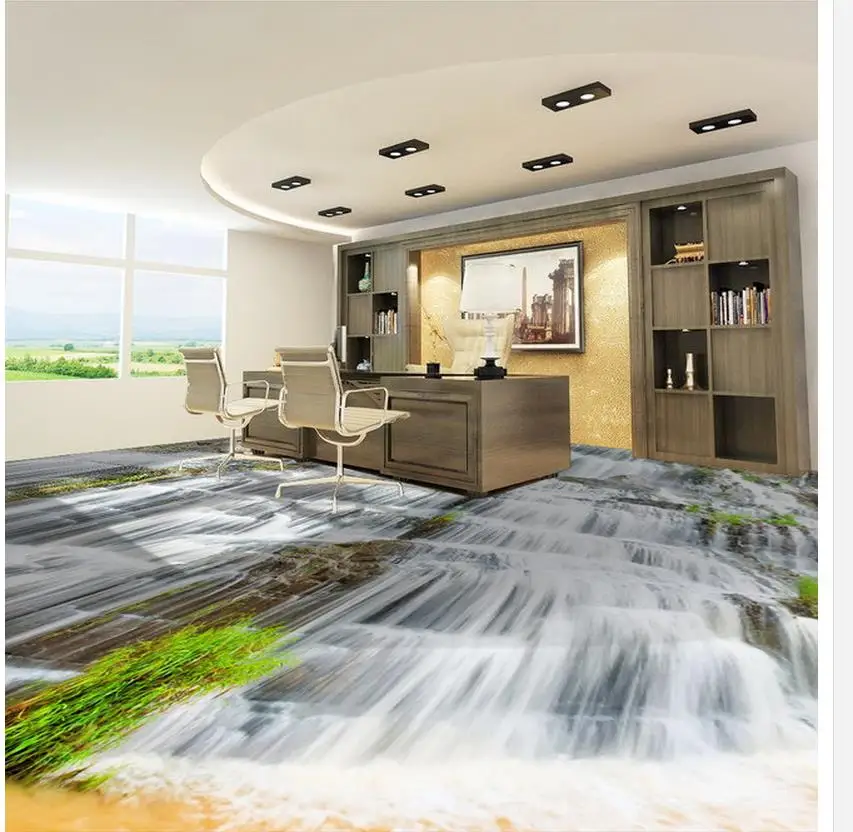 Waterfall water stone plant flowers 3D three dimensional floor pvc self