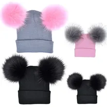 Комплект из 2 предметов, зимняя детская трикотажная шапка для мамы, Теплая двойная шерстяная шапка с меховым помпоном для женщин и девочек, вязаная шапка с помпоном и плетеными шапочками, TC21