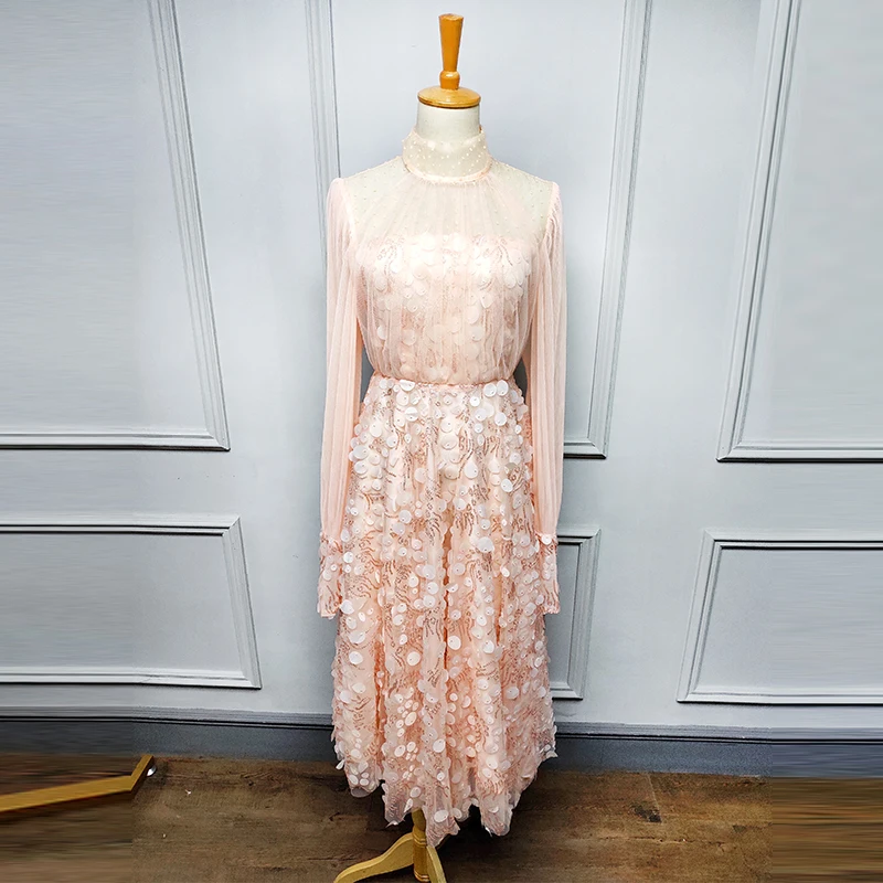 

New 2019 gauze round collar hem bead piece jacquard decoration long sleeve fairy dress female temperament