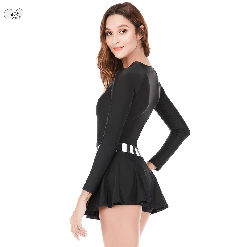 

Rash Guards Half Zipper Women One Piece Swimsuit with Skirt Long Sleeve Black Swimming Suits Beach Surfing Swimwear Bathing Suit